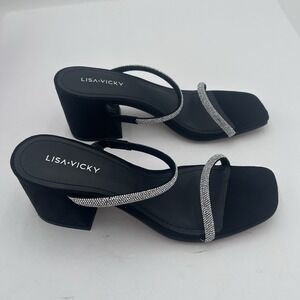 Lisa Vicky Mood-V  Black Hotfix Block Heel Slide‎ Sandal Rhinestone Straps Sz 7